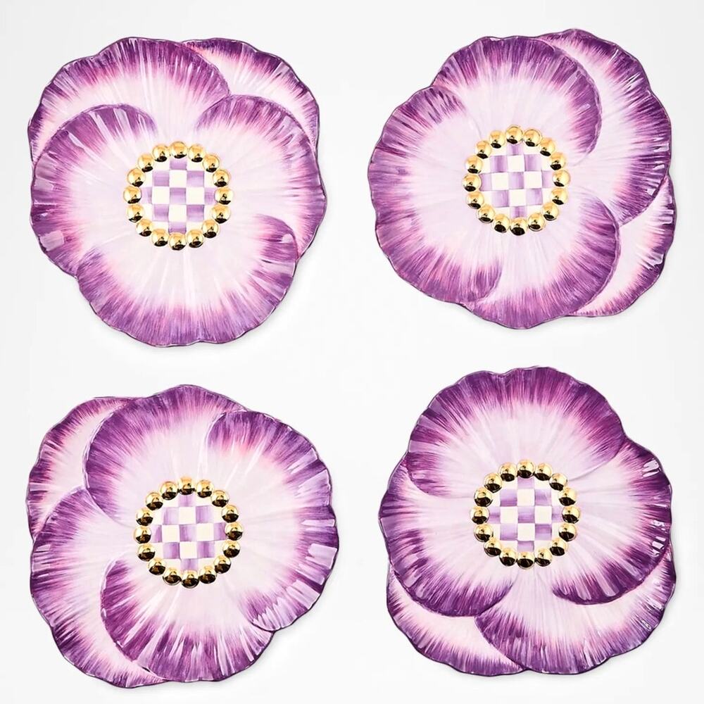 NEW Mackenzie-Childs Pansy Party Ceramic Dessert Plate Set of 4 in Original Box